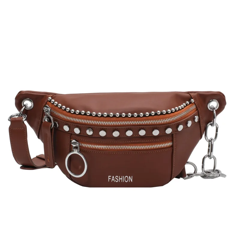 

Travel Luxury Rivet Shoulder Bag for Women Pu Chest Bag Chain Solid Color Crossbody Messenger Bag