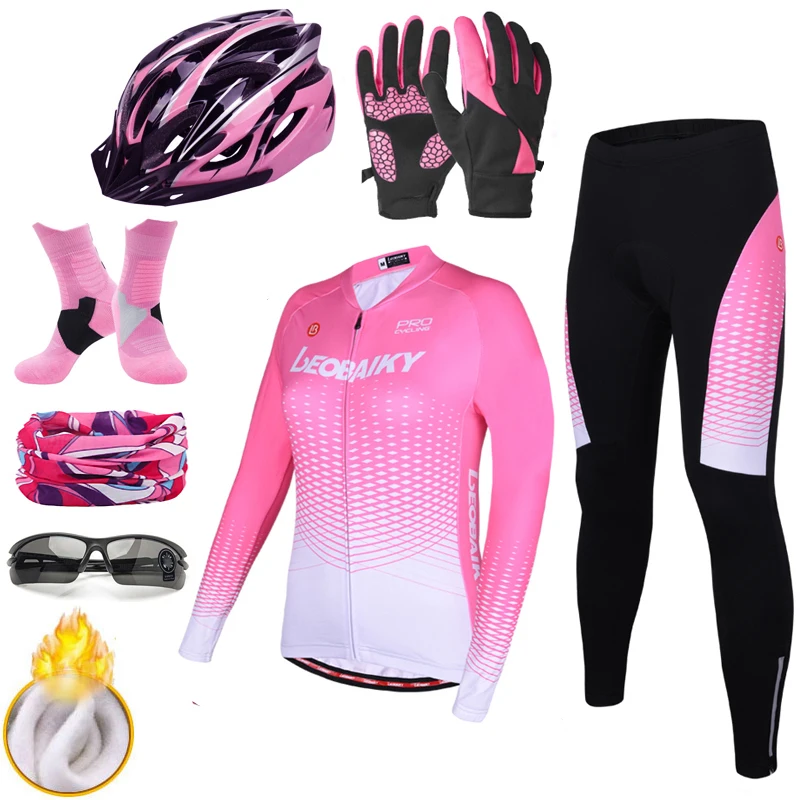 full set LEOBAIKY Pro Team Велоспорт Джерси Набор с длинным рукавом Зимняя Теплая Флисовая велосипедная одежда женская велосипедная одежда Дамская велосипедная одежда - Цвет: full set