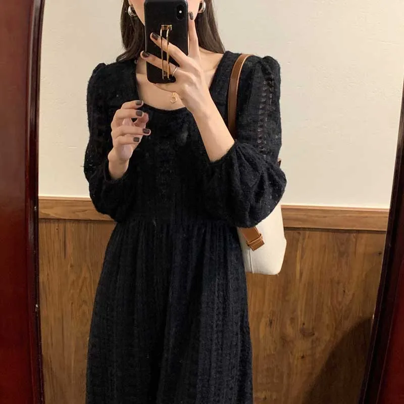 

2021 Fashion Woman Dresses Vintage Elegant Long Sleeve Lace Dress One-Piece Spring Autumn Korean Women Dress Midi Dress Vestidos