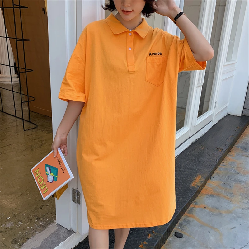 

Orange Letter Printed Women's Cotton Dresses Polo Collar Button T-shirt Dress Short Sleeve Loose Women Casual Dress With Pocket