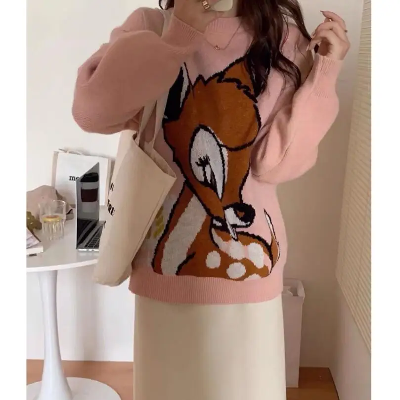 

2021 Cartoon Fawn Print Women's Sweaters Harajuku Autumn Winter Ladies Japanese Loose Knitted Pullover Female Y2K Top w792