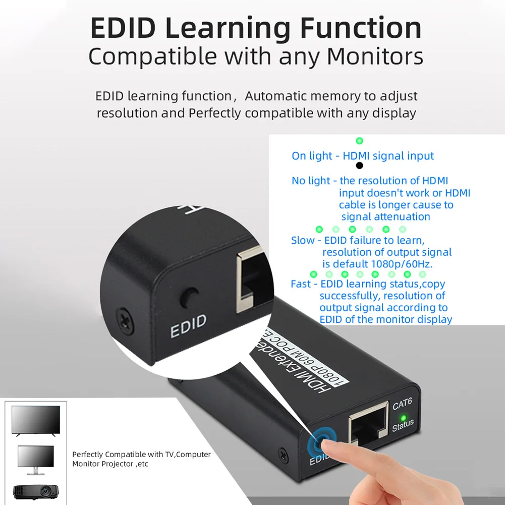 1080P 60m Over Ethernet Home  Extender Receiver Transmission Full HD POC EDID Professional Network Plug And Play Adapter
