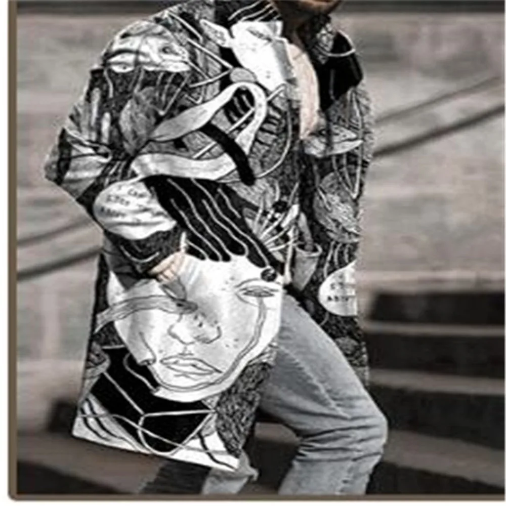 

Europe United States 2021 Spring Jacket Autumn New Men's Printing Black And White Loose Lapel Coat Clothes