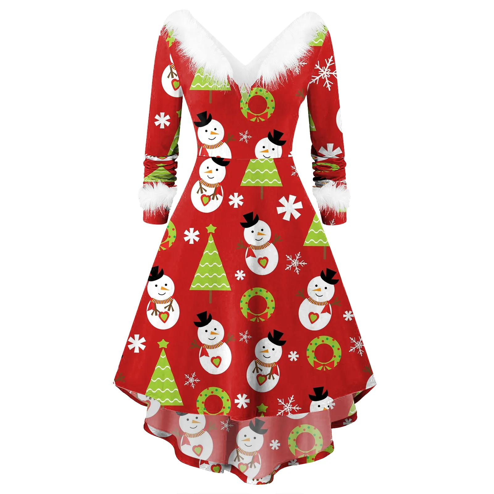 

Рождественские Платья из искусственного плюша, женское платье с длинным рукавом и V-образным вырезом, асимметричное вечерние нее платье, ха...