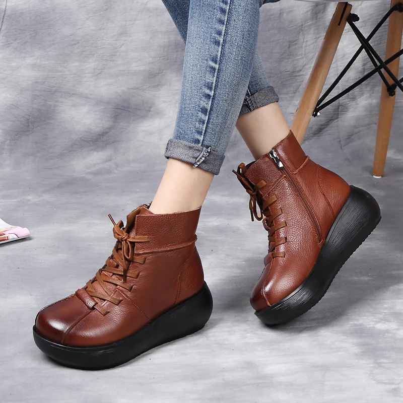OUKAHUI/зимние теплые винтажные полусапожки из натуральной кожи на шнуровке Женские