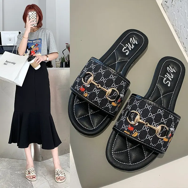 

Summer Women'S Slippers Open Toe Cute Cartoon Color Shoes Indoor Non-Slip Wear-Resistant Word Rubber Flat Sandals Size 35-40