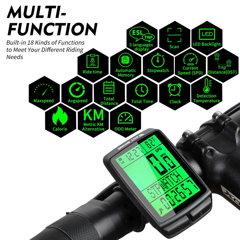 

WEST BIKING Wireless Bicycle Computer LED Waterproof 5 Language Cycling Bike Odometer Stopwatch Speedometer 2.3in Bike Computer