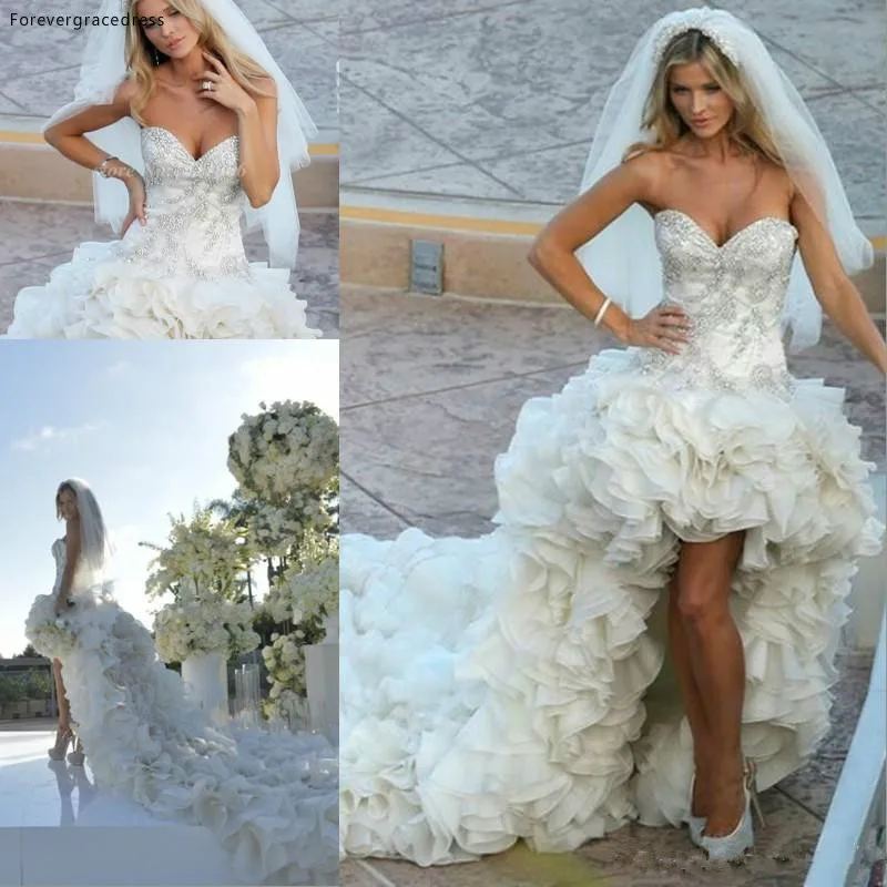 

Luxury High Low Wedding Dress Sweetheart Tiers Ruffles Long Bridal Gown Custom Made Plus Size