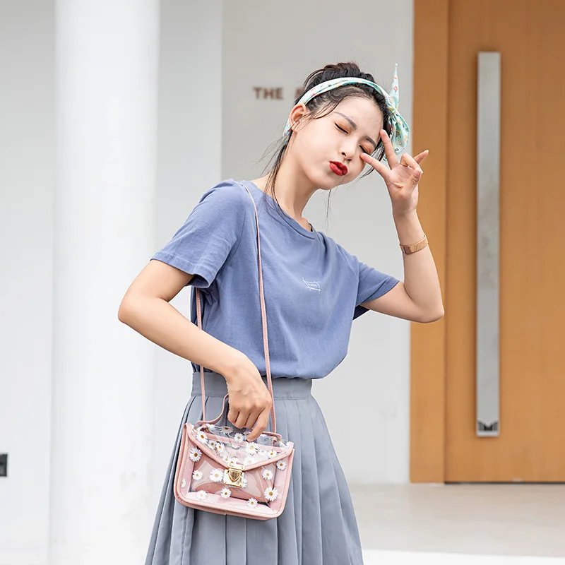 

Cute Flowers Small Bags For Women 2021 Messenger Bags Transparent PU Hasp Summer Tote Female Shoulder Bag New Purse Wholesale