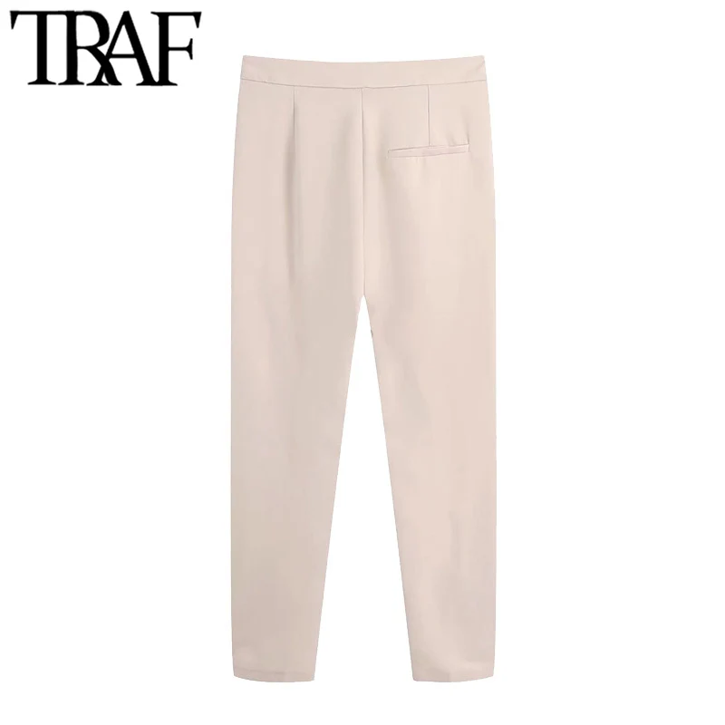 

TRAF Women Chic Fashion Side Pockets Office Wear Skinny Pants Vintage High Waist Zipper Fly Female Trousers Mujer