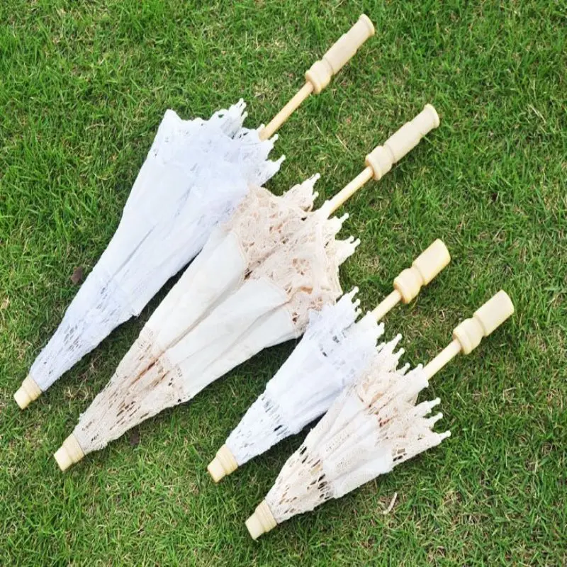 

White Beige Lace Parasol Umbrella Wedding Elegant Cotton Embroidery Umbrella
