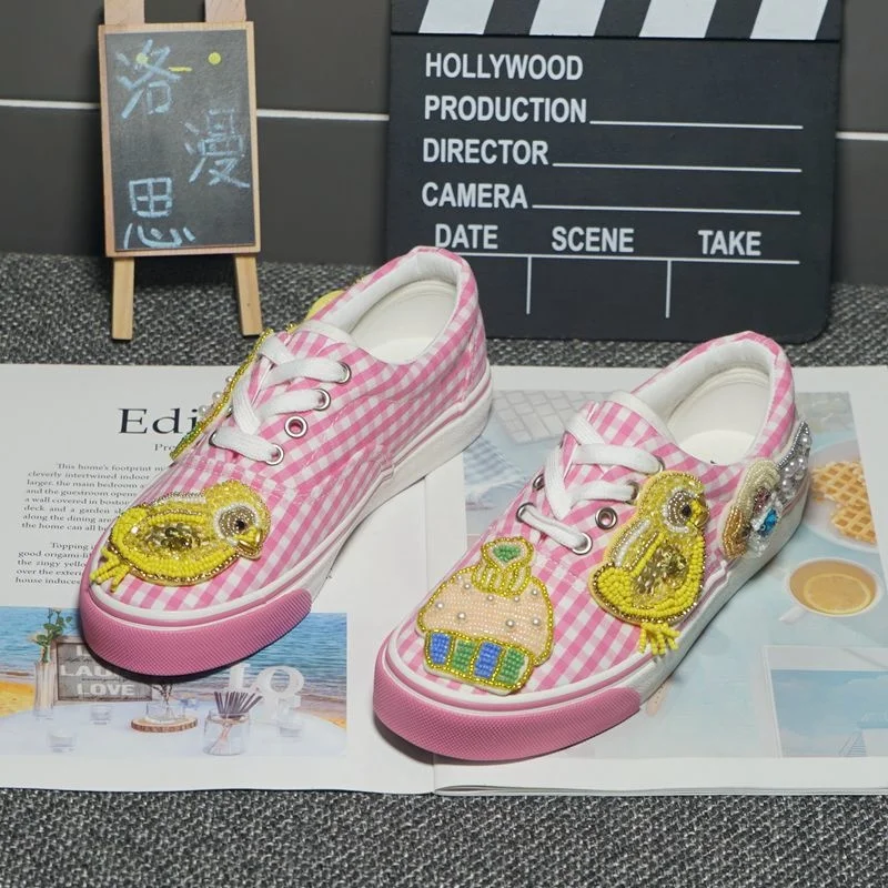 

Canvas women 2021 new handmade custom heavy industry rhinestone low-cut lattice shoes fried street casual shoes