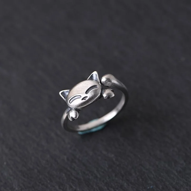 

Pure Silver Personality Design Cat Open Ring Women Girl S925 Sterling Silver Small Cut Cat Ring