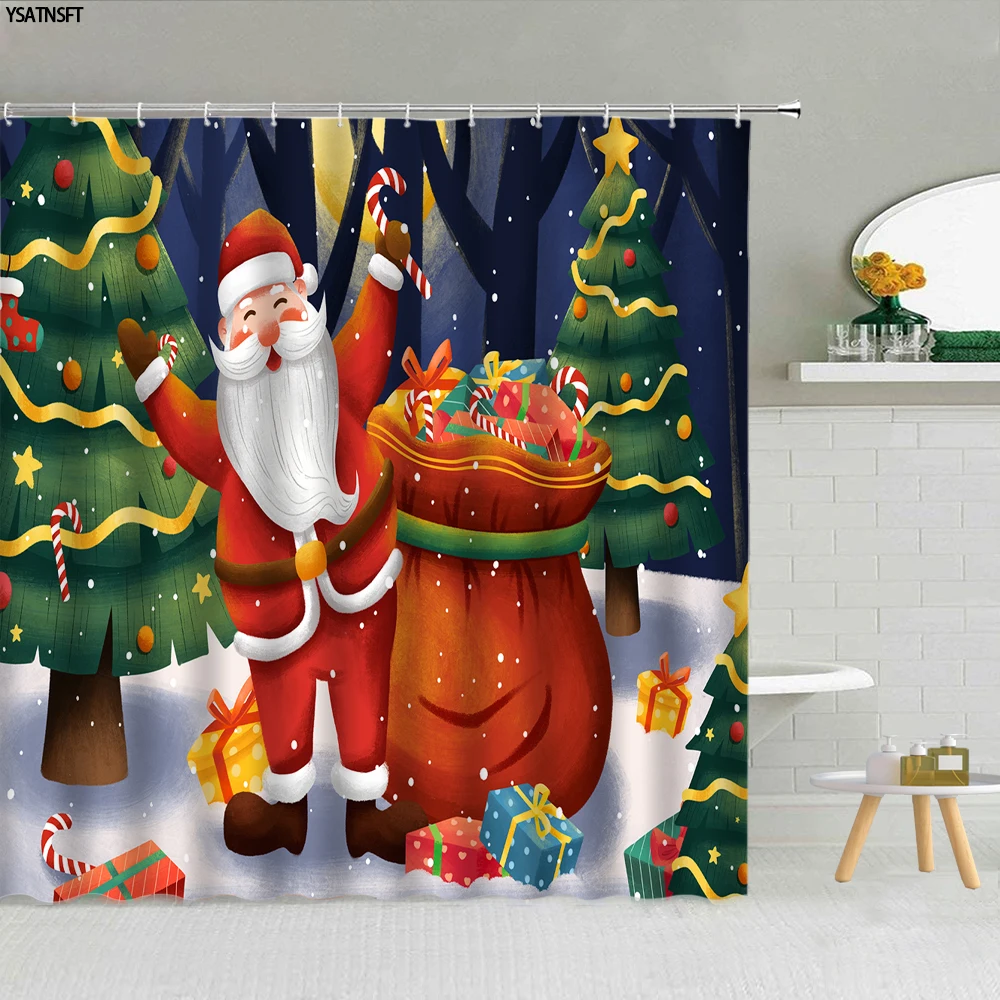 

Занавеска для душа на тему рождественской елки с Санта-Клаусом, снеговиком, камином, декоративные принадлежности для ванной комнаты, тканев...