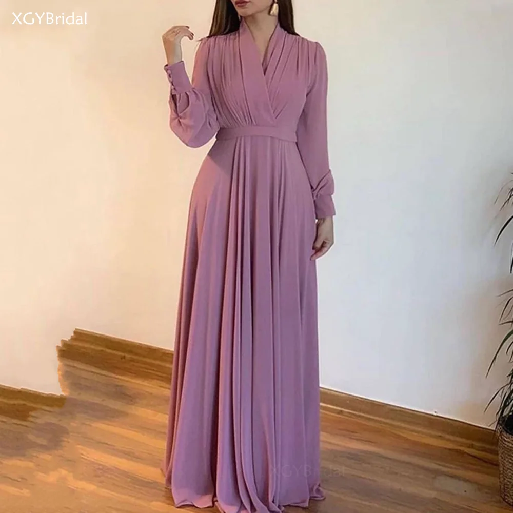 

Dubai Saudi Arabic V-neck Puffy Sleeve Evening Dresses Simple Chiffon Formal Party Dress Robes de Soirée Vestidos Robe Longue