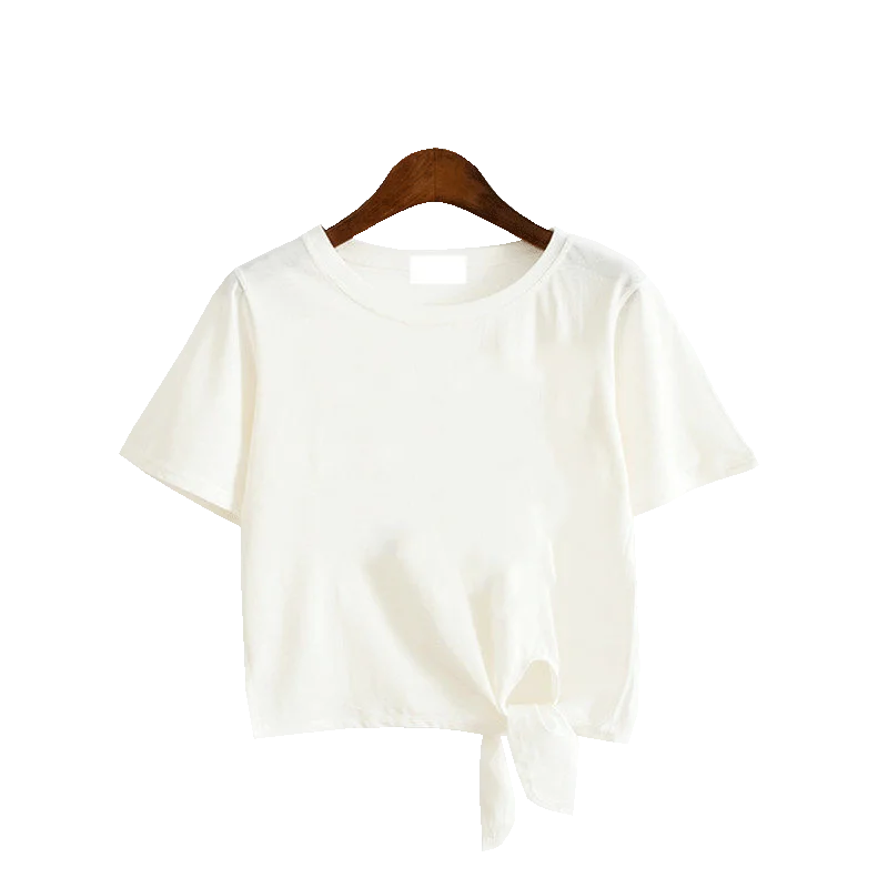 

White T-shirt Women's Short-Sleeved Short High Waist Exposed Crop Top Summer BM Style New round Neck Lace-up Midriff-Baring