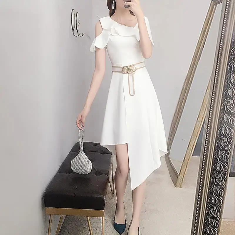 

Off-the-shoulder Chiffon Dress 2021 New Summer Women's French Retro Skirt Knee-length Temperament Waist Was Thin