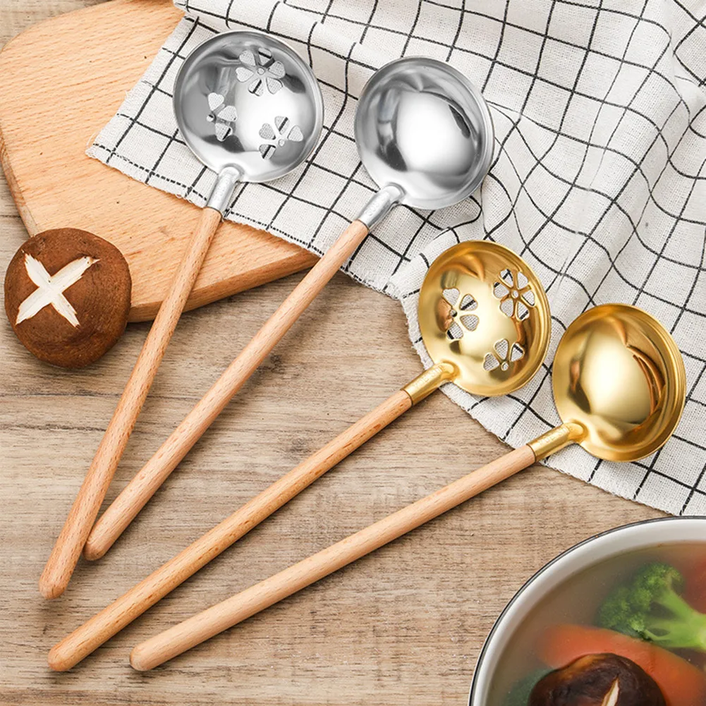 

1pc Kitchen Soup Spoon Long Handle Kitchen Strainer Stainless Steel Cooking Colander Kitchen Scoop Plastic Tableware Colander