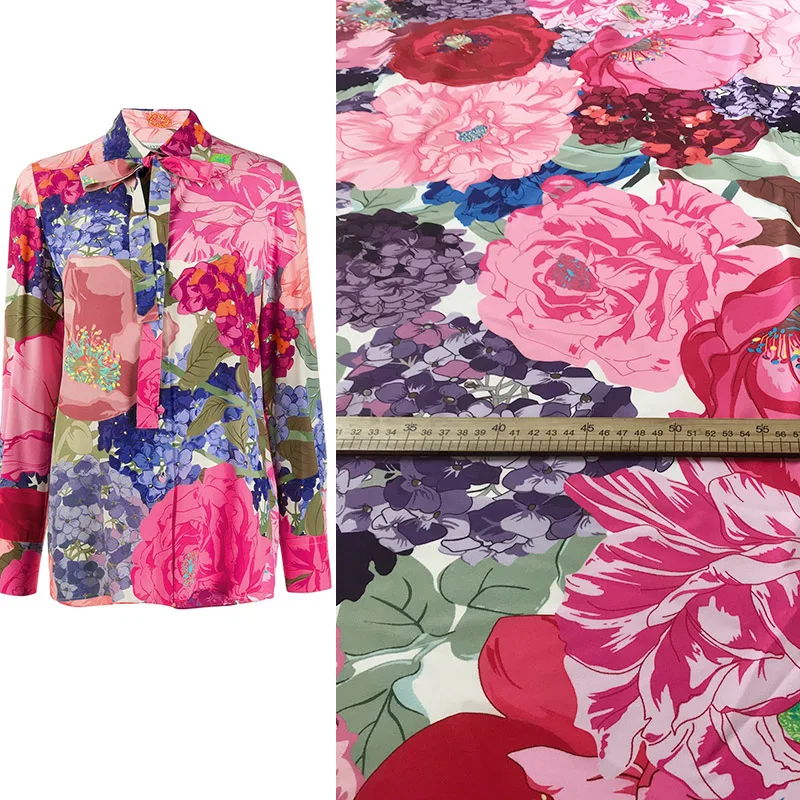 Fashion Peony Hydrangea Flower Printed Imitate Silk Satin Fabric For Woman Dress Blouse Pajamas Stoffa Tuch Tela Ткань DIY Cloth