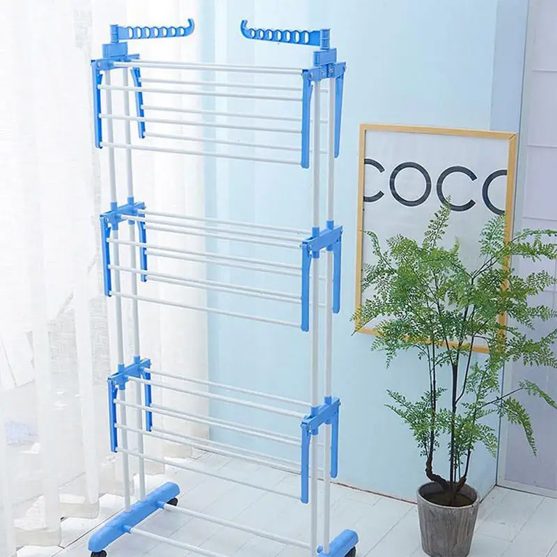 

Clothing Wardrobe Storage Hanger Painted Steel Pipe Floor Roller Storage Holder Three-layer Double-pole Folding Wing Drying Rack