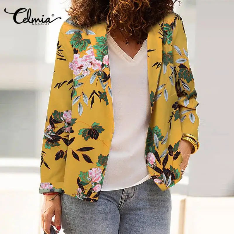 

Celmia Elegant Floral Print Suit Blazer 2022 Autumn Long Sleeve Coat Women Lapel Casual Blazer Buttons Holiday Outerwear Femme