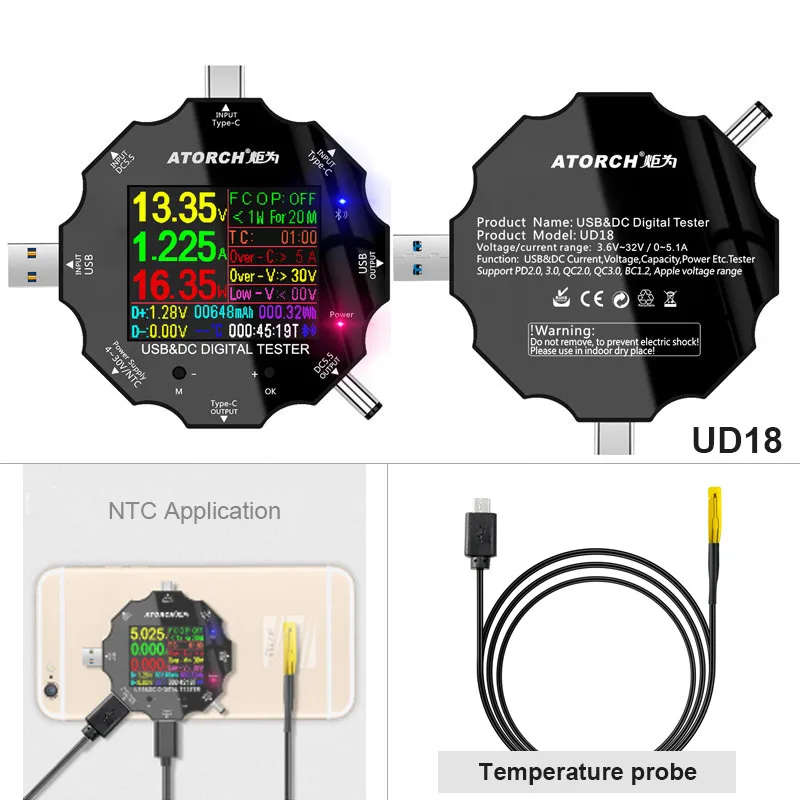 add NTC DC5.5 USB3.0 Тип-C тестер 6-Bit Высокая точность цифровой PD3.0 Вольтметр Амперметр Дисплей power bank метр для е-тестовая прикладная программа - Цвет: add NTC