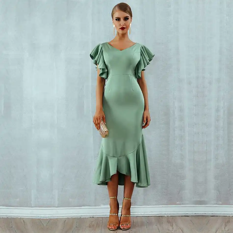 Seamyla новые летние платья Vestidos для женщин Elagant Русалка вечернее платье Сексуальная Открытая спина оборками Bodycon Клубная одежда