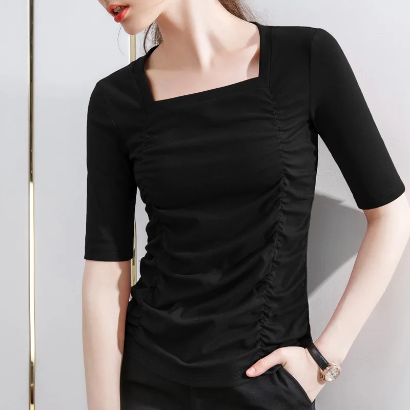 

Mid sleeve T-shirt women's new pleated T-shirt in early autumn