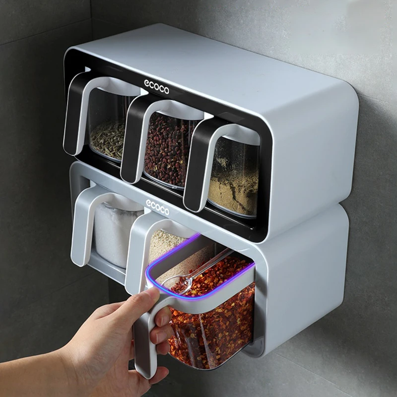 

Настенный органайзер для специй, шейкер для сахарной чаши и соли, кухонные принадлежности, набор для хранения, коробки для специй с ложками
