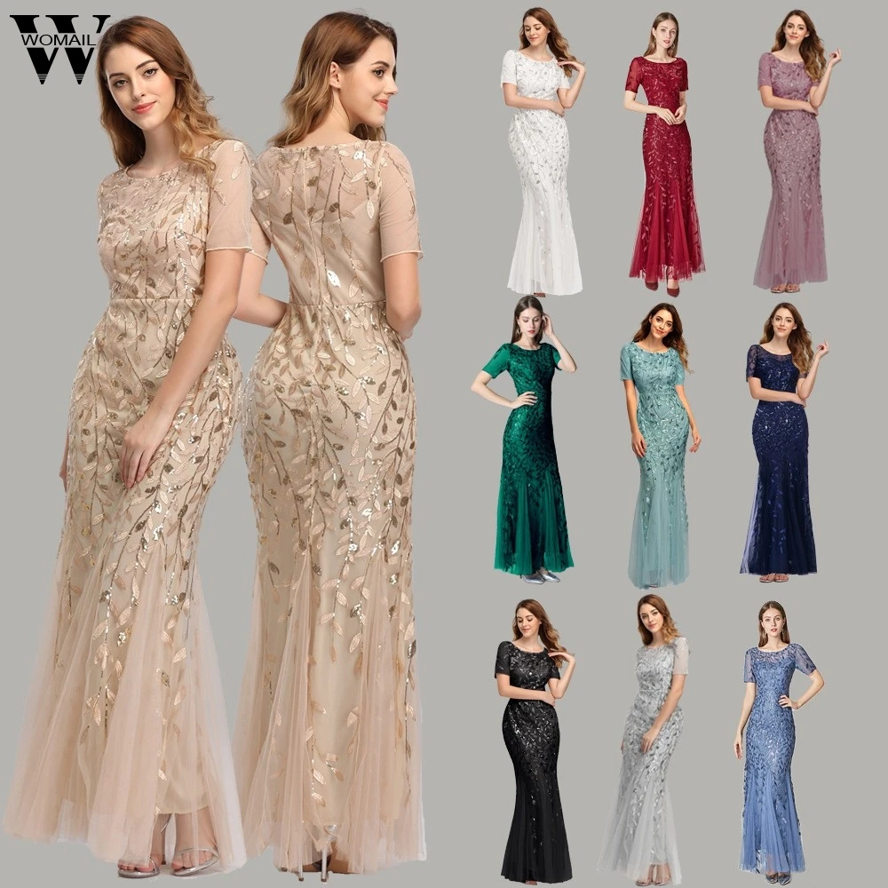 Женское вечернее платье русалка длинное Сетчатое с короткими рукавами и