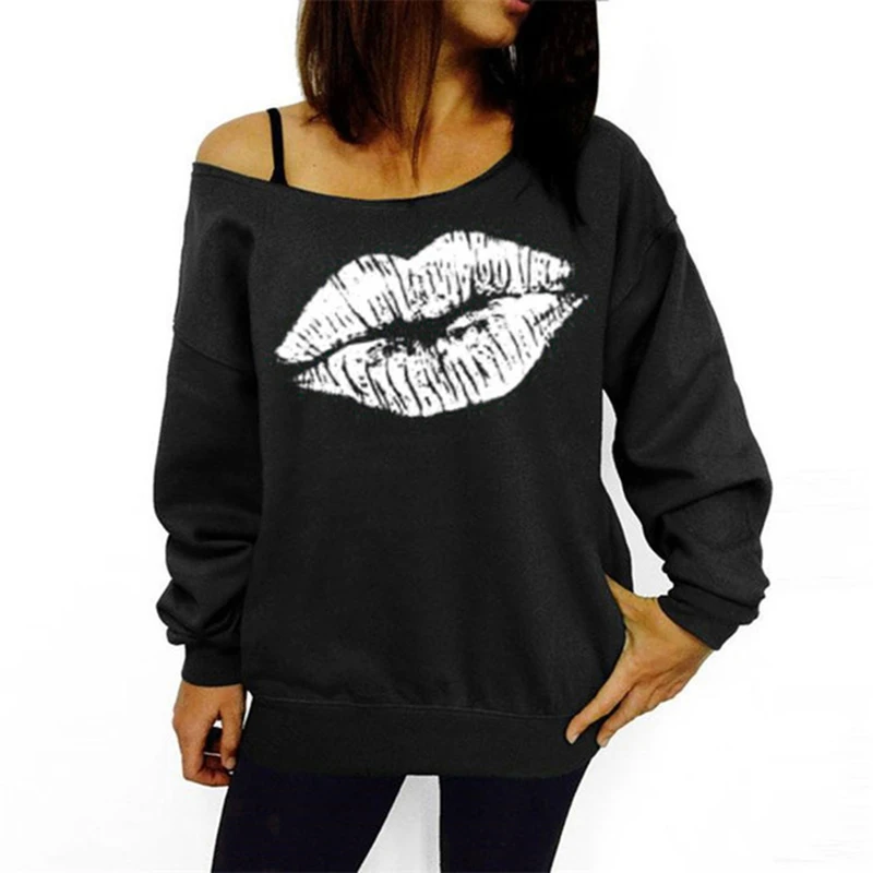 Autumn Hoodies Plus Size Women Sweatshirts Nice Red Big Lips Printed Off Shoulder Long Sleeve Harajuku Pullovers Hoodie
