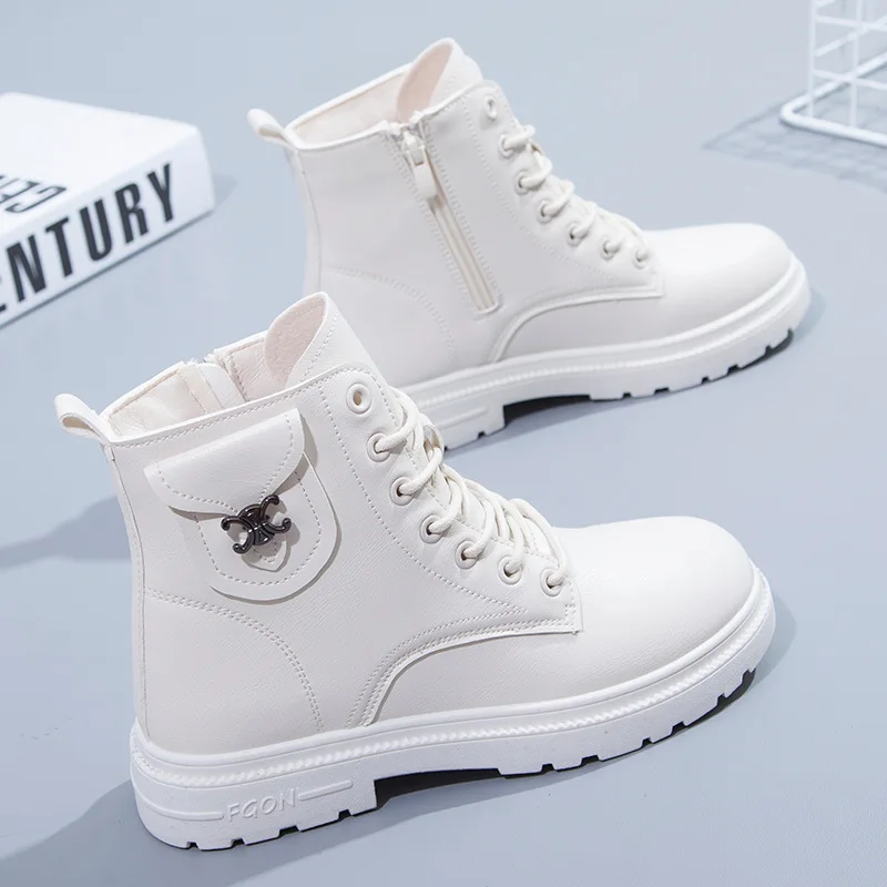 

Women's White Leather Booties Woman 2021 Spring Autumn Fashion Casual Platform Wedges Female Shoes Short Botines Botas De Muje