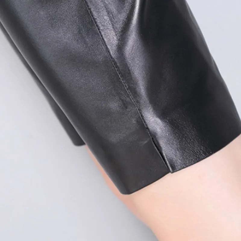 Fashion New Womens Genuine Leather High Waist Knee Length Shorts Pockets Office Lady Korean Style Slim Casual Sheepskin Shorts