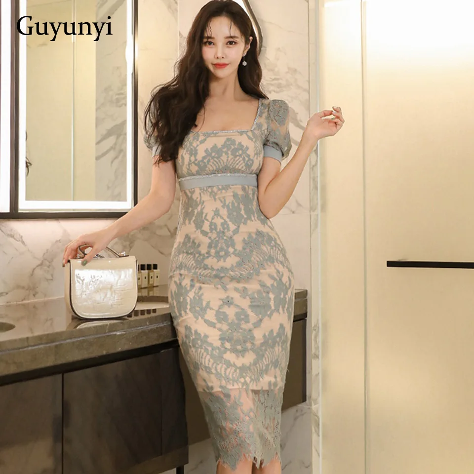 

Elegant Tight Office Lace Dress 2022 Summer Square Neck Puff Short Sleeves High Waist Line Sexy Backless Party Dress Women