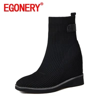 egonery women winter new style leisure slope heel ankle boots ventilation solid color office lady concise comfortable soft