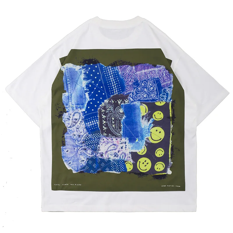 

Kapital Retro Smiley Print Cotton Summer T Shirt Mens Short Sleeve Oversize Casual Hip Hop Couple Tops O Neck Loose T-shirt