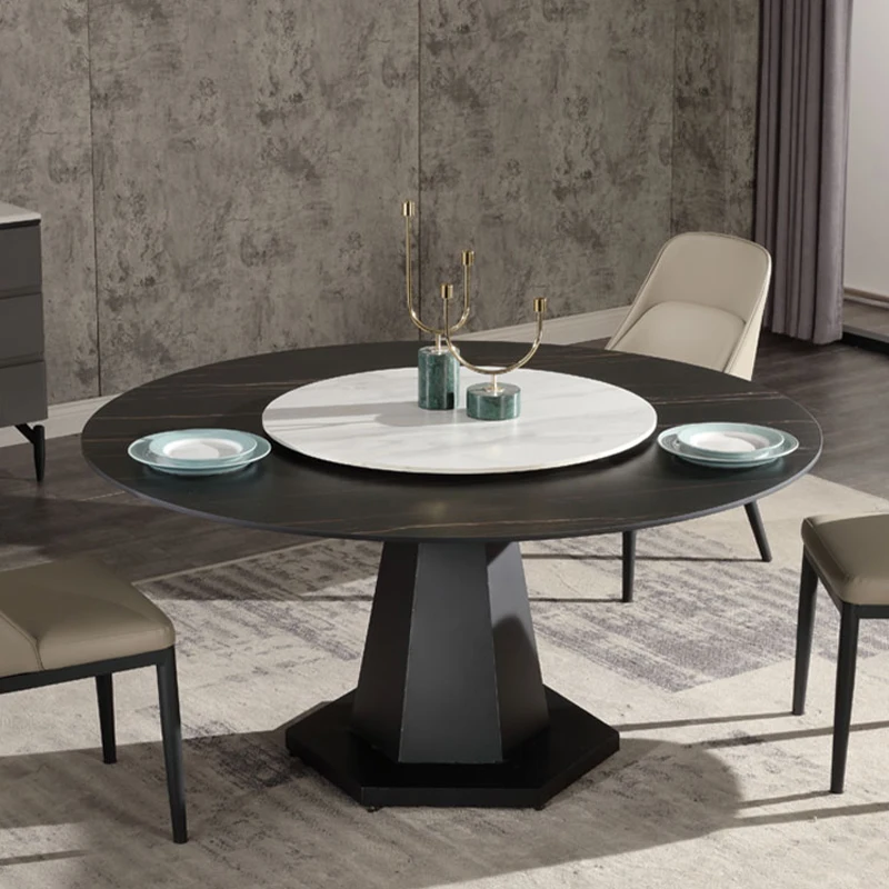 

Small Apartment Minimalist Round Rock Slab Nordic Dining Table And Chair Combination Set Turntable Light Luxury Family