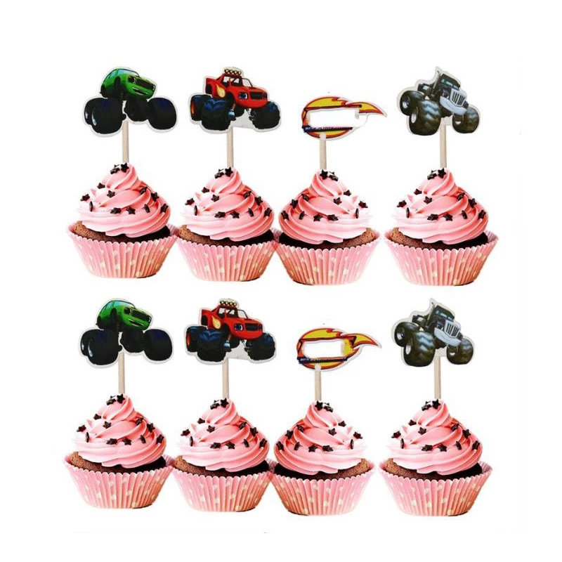 

Birthday Party Blaze Monster Machines Design Cupcake toppers Decorate Baby Shower Kids Favors Cake Topper With Sticks 24pcs/lot
