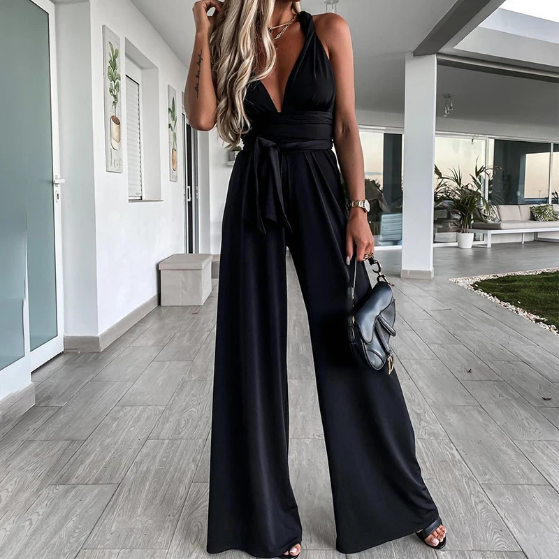 

Jumpsuits Summer Elegant Solid V Neck Jumpsuit Women Sexy Sleeveless Backless Romper Ladies Fashion Bandage Belt Wide Leg