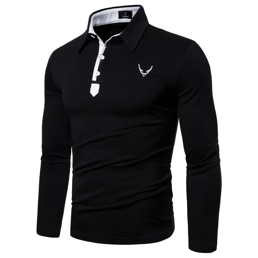 Drop Shipping New Fashion Long Sleeve T Shirt Men Casual Embroidery Slim Fit Men's Tees Solid Turn-down Collar T-Shirts Men