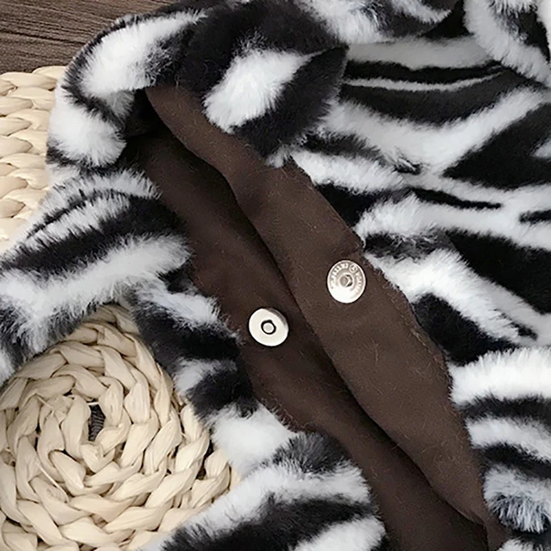 

ASDS-Fashion Winter Plush Cartoon Women's Zebra Pattern Warm Travel Handbag Leisure Tote Bag Luxury Shoulder Bag