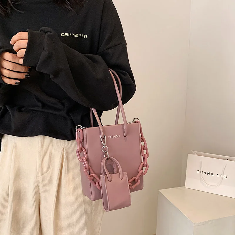 

NEW Chain Handbag Fashion Solid Color PU Leather Shoulder Bags for Women 2021 Casual Square Messenger Crossbody Bags Totes
