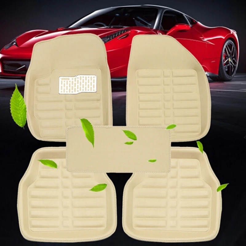 

5Pcs/set universal beige car auto floor mats floor liner leather carpet