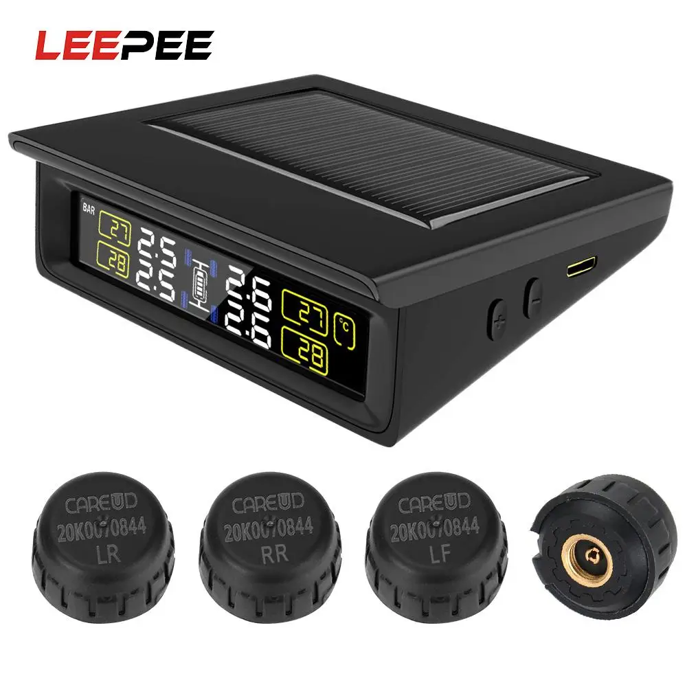 

Солнечная энергия TPMS PSI/бар режим ЖК-дисплей Система контроля давления в шинах с 4 внутренним/внешним датчиком сменной батареи