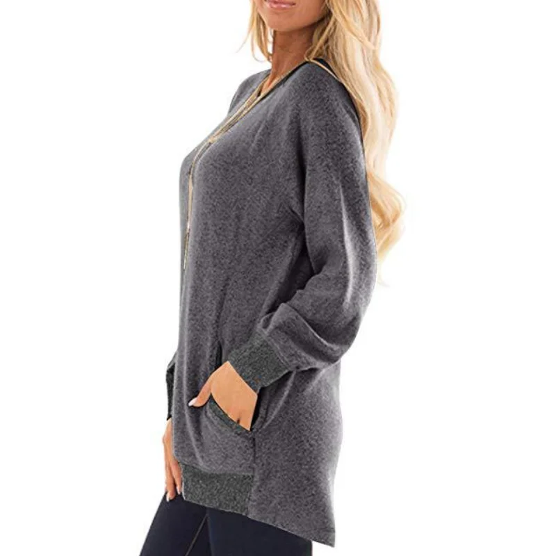

2020 Fashion Color autumn winter O-neck Long sleeve Pockets Loose Casual Tops Womens T-shirts