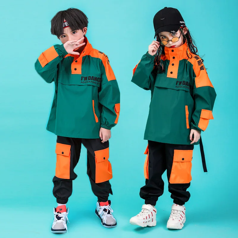 

Kid Hip Hop Clothing Turtleneck Jacket Pullover Windbreaker Top Tactical Cargo Pants for Girl Boy Jazz Dance Costume Clothes