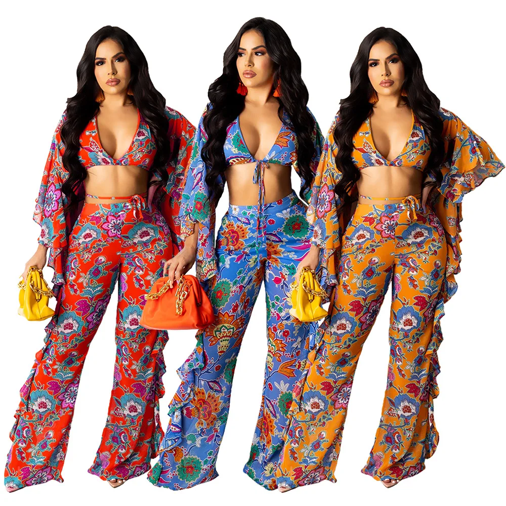 

Vintage Floral Print Ruffless Two Piece Set Women Sexy V Neck Flare Sleeve Backless Bandage Crop Top + Pants Slim Club Suits