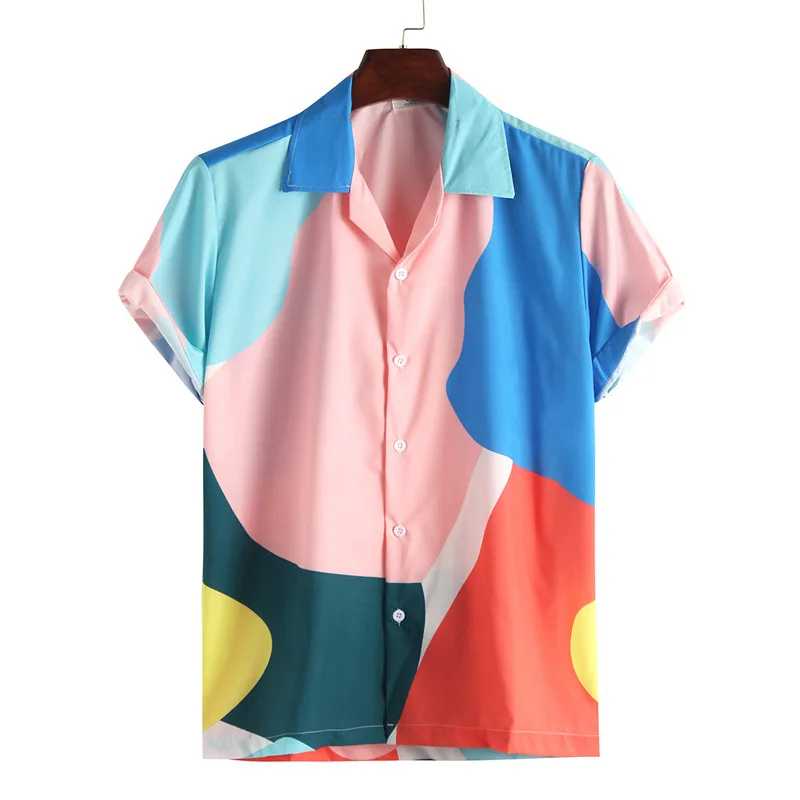 

Lapel color matching shirt in the summer of 2021 teenagers and colorful Mosaic fashion short sleeve shirt