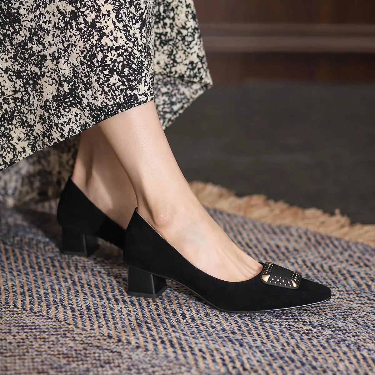 

Lenkisen 2021 spring new style sheep suede metal decorations small square toe thick med heel slip on dress gentlewomen pumps L98