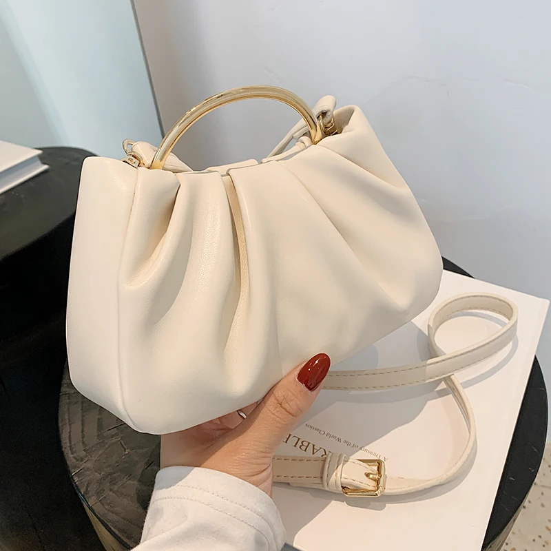 

Маленькая сумка-тоут с металлическими ручками, однотонная дизайнерская дамская сумочка из искусственной кожи, плиссированный мессенджер н...